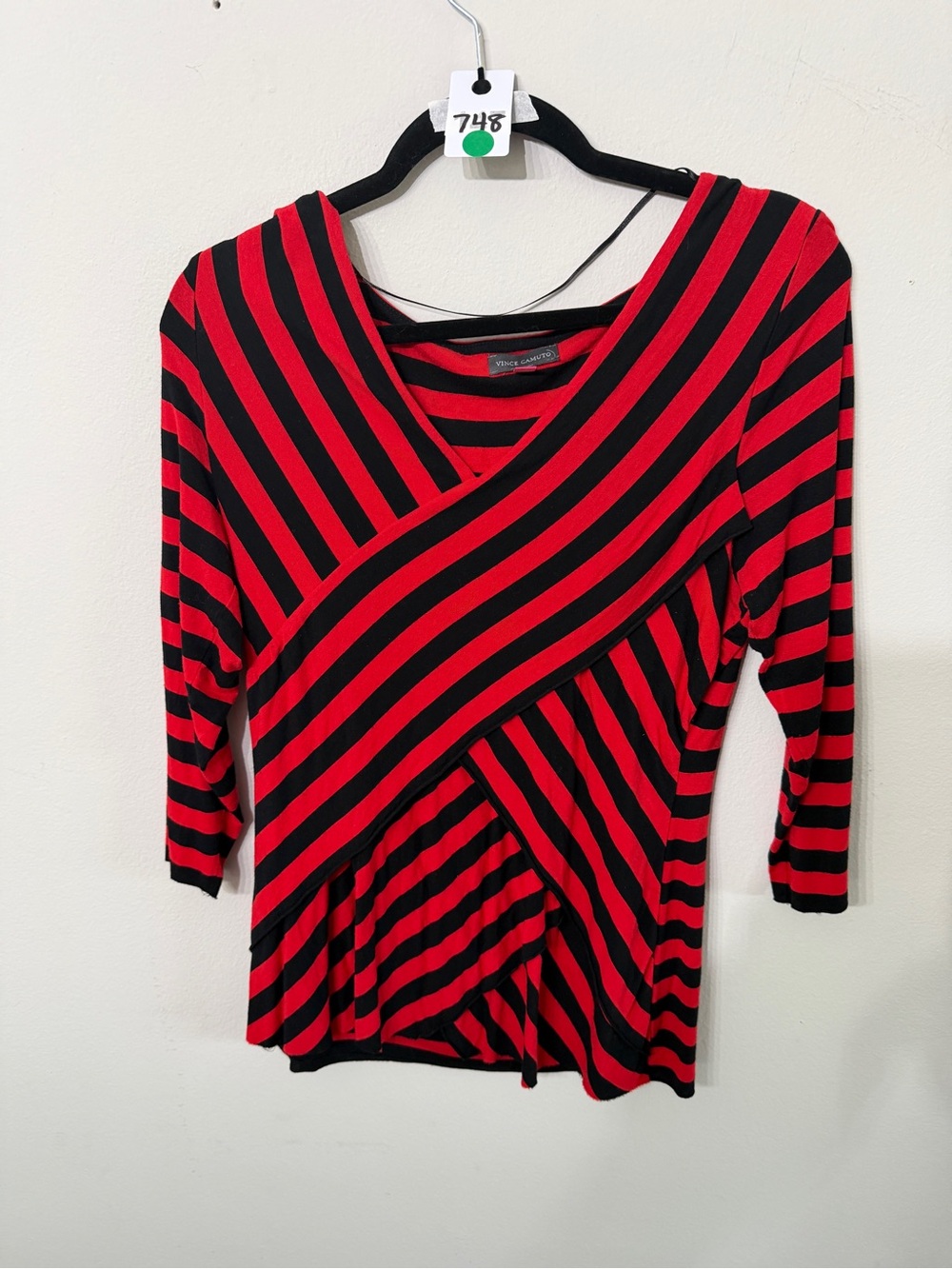 Women’s Vince Camuto Red Black Striped Asymmetrical Wrap Top Large